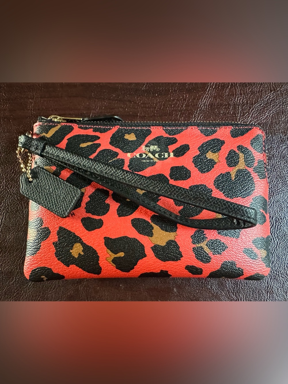 Coach Red Leopard Print Wristlet Zip Around Wristlet EUC